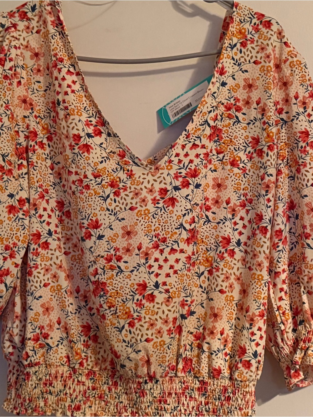 nine britton Cream Floral V-Neck Smocked-Waist Blouse